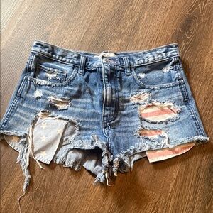 Hollister Distressed Blue Denim Shorts with Flag Patch Detail